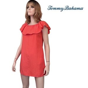 Tommy Bahama Shift Dress Tunic Linen Blend Ruffle Melon Coral Pockets XXS XS S